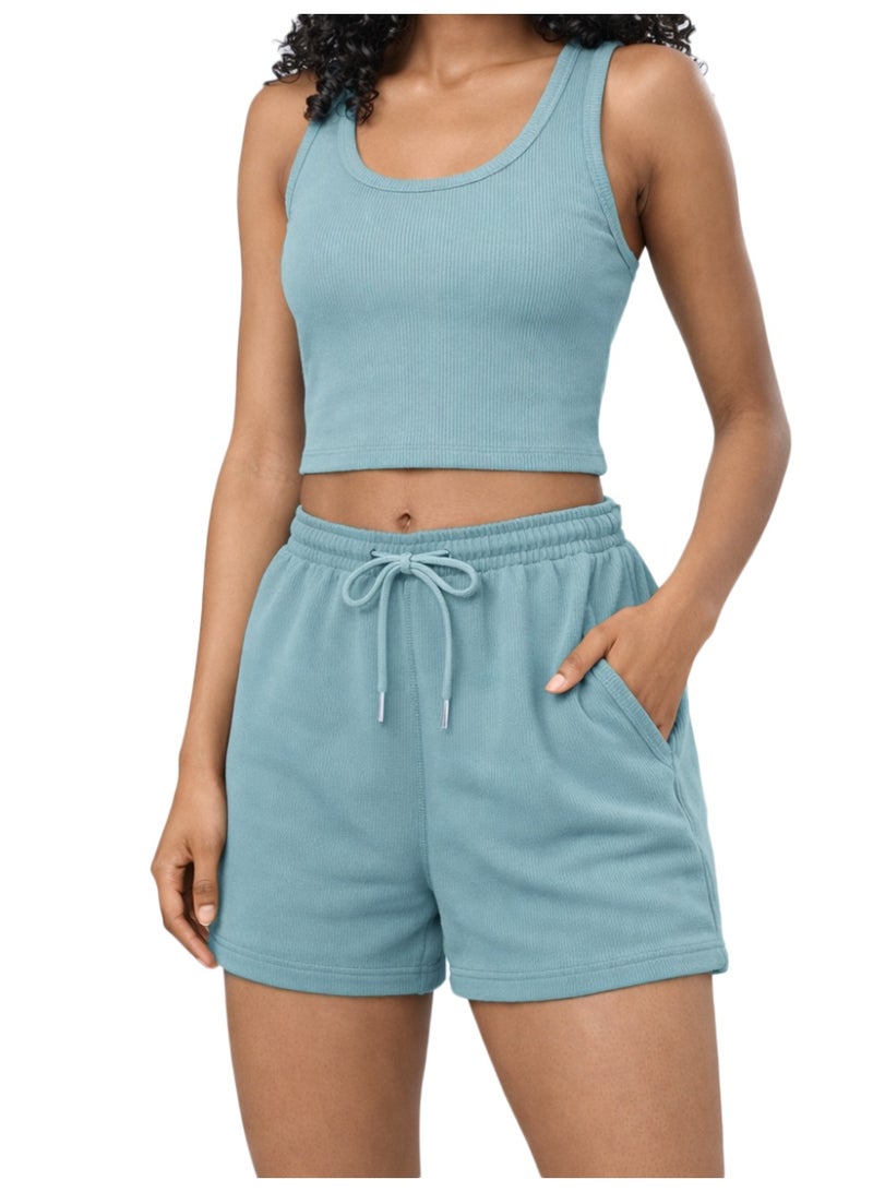 نايلتون طقم نسائي مكون من توب قصير مضلع وشورت عالي الخصر، مناسب للارتداء اليومي والرياضي - توب بياقة دائرية وشورت برباط - Image 1